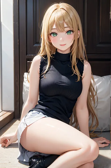  8k resolution,((highest quality)),Ultra High Resolution, Adult Female, alone,  sexy, (gentle smile), ( lime green eyes ), Beautiful Symmetrical Face, (blonde straight long hair),sleeveless neck shirt,check miniskirt excluding the room,stockings,realistic:...