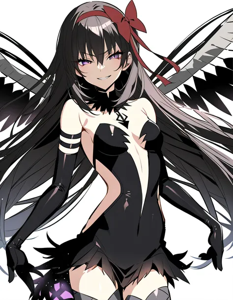 1girl, akuma homura, solo, long hair, wings, gloves, elbow gloves, black hair, smile, purple eyes, thighhighs, black gloves, argyle legwear, argyle, bare shoulders, looking at viewer, dress, soul gem, hair bow, bow, choker, feathered wings, white backgroun...