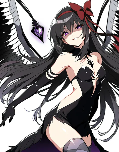 1girl, akuma homura, solo, long hair, wings, gloves, elbow gloves, black hair, smile, purple eyes, thighhighs, black gloves, argyle legwear, argyle, bare shoulders, looking at viewer, dress, soul gem, hair bow, bow, choker, feathered wings, white backgroun...