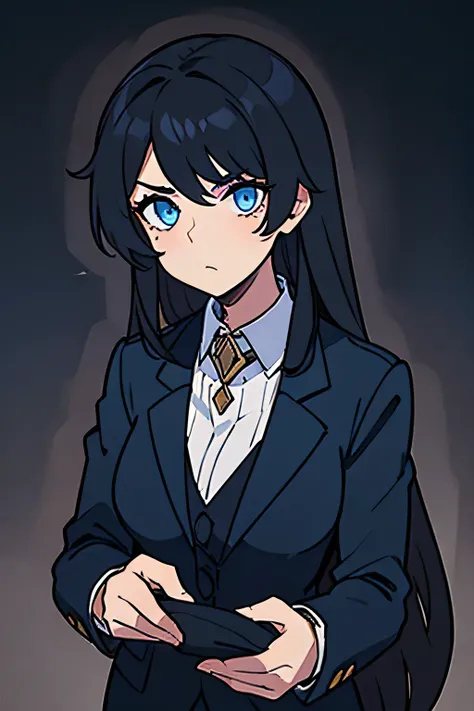 1woman, long dark hair, blue eyes, Wears impeccably tailored, conservative business attire, favoring dark, somber colors such as black, navy, and charcoal. Adorned with expensive, understated jewelry and accessories, 