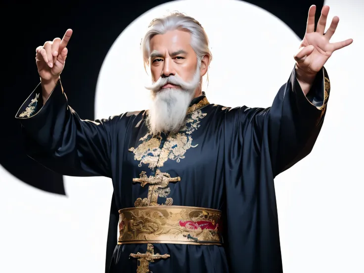 Old Man Antique Chinese Dress, stand,  elegant, White mustache, white beard,  white hair, Navy Blue Hermit Dress with Gold Stripe, Long white hair, Front corner, black background, images, Masterpiece,movies,8K resolution, Details are clear.