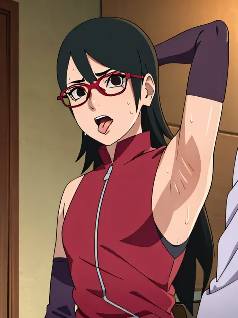 Sarada Uchiha,human woman with fair skin. She is a r with black eyes and red clothing. Her hair is black in color; She is beautiful.Wearing red rimmed glasses.Tsundere face. Pink eye shading,mature appearance,armpits,sweat,sweaty,sweaty armpits,arms up,s...