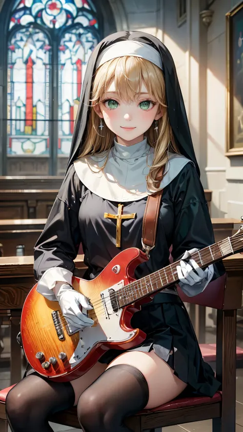 1 girl ，long blonde hair  ，((Clear green eyes))，((Nun in religious clothes))，((4K，8k，CG Unity，masterpiece，masterpiece， best quality :1.5))，Official image，Perfectly correct anatomy，((photorealistic:1.2))，  bust up ，((Happy smile))，  perfect beautiful girl  ...