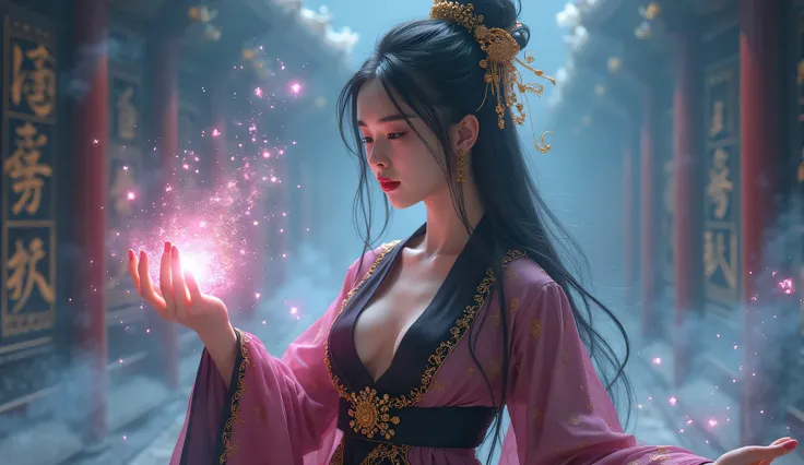 ((( 1 girl)))，imperial shadow，magician，（perfect facial features：1.4），（Black pink and gold silk robe），（Mysterious dark magic：1.2) ，(((Powerful shadow magic))) ，In feudal Chinese ，Blue light pink light Golden light，(((Crystal storms)))，(((Topless image of fe...