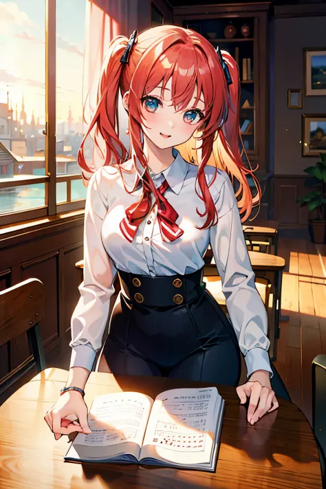 ((best quality)), ((masterpiece)), ( details),  anime style,Study desk and 1 girl,