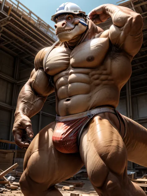 ((two male,)) male Tyrannosaurus, high quality, realistic, slender muscular, masterpiece, construction site, (full nude, construction worker, only worker helmet, big bulge, only see through fundoshi,) smile, 