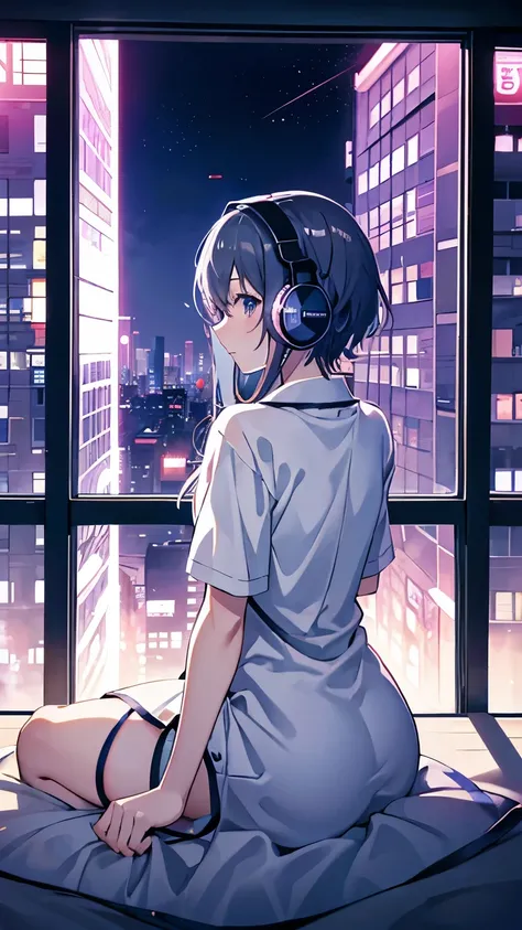 Anime girl with headphones looking at the city from the window, praise (​masterpiece)、Cozy bedroom with an anime girl sitting in front of a computer。
(from behind), wearing a man's y-shirt like a dress,  comfortable clothes ,
 2D anime style , 90s anime ae...