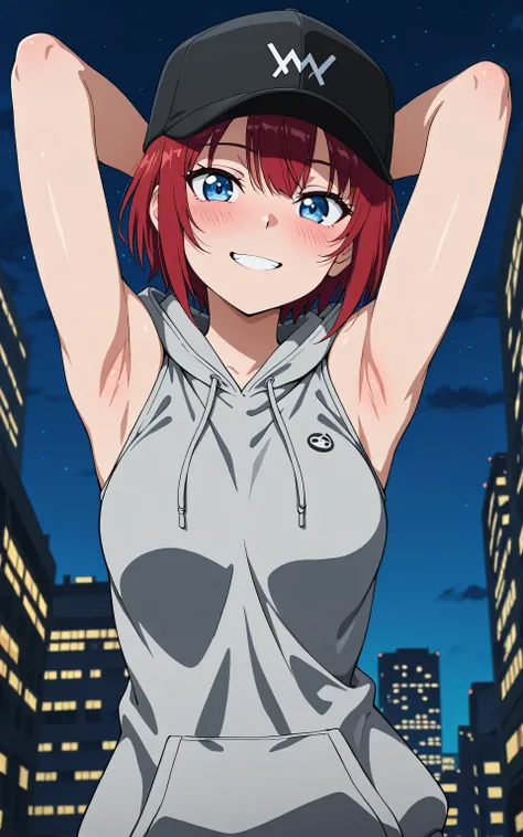 masterpiece, best quality, amazing quality, anime screencap, anime coloring, 1girl, solo, blue eyes, red hair, short hair, bangs, medium breasts, grey hoodie, sleeveless hoodie, bare shoulders, arms behind head, armpits, head towards viewer, looking at vie...