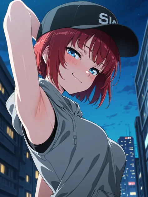 masterpiece, best quality, amazing quality, anime screencap, anime coloring, 1girl, solo, blue eyes, red hair, short hair, bangs, medium breasts, grey hoodie, sleeveless hoodie, bare shoulders, arm behind head, armpit, head towards viewer, looking at viewe...