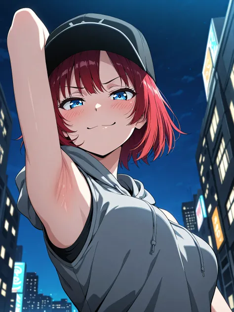 masterpiece, best quality, amazing quality, anime screencap, anime coloring, 1girl, solo, blue eyes, red hair, short hair, bangs, medium breasts, grey hoodie, sleeveless hoodie, bare shoulders, arm behind head, armpit, head towards viewer, looking at viewe...