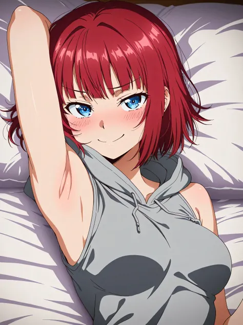 masterpiece, best quality, amazing quality, anime screencap, anime coloring, 1girl, solo, blue eyes, red hair, short hair, bangs, medium breasts, grey hoodie, sleeveless hoodie, bare shoulders, arm behind head, armpit, head towards viewer, looking at viewe...