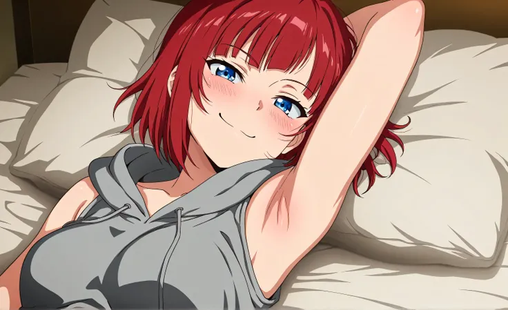 masterpiece, best quality, amazing quality, anime screencap, anime coloring, 1girl, solo, blue eyes, red hair, short hair, bangs, medium breasts, grey hoodie, sleeveless hoodie, bare shoulders, arm behind head, armpit, head towards viewer, looking at viewe...