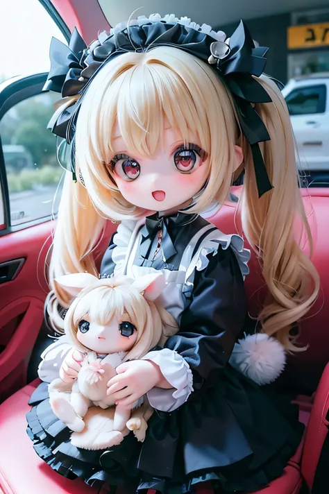 
         rabbit girl        、       chibi    、     young girl、         wearing gothic Lolita clothes 　Laughter、 car in the passenger seat
