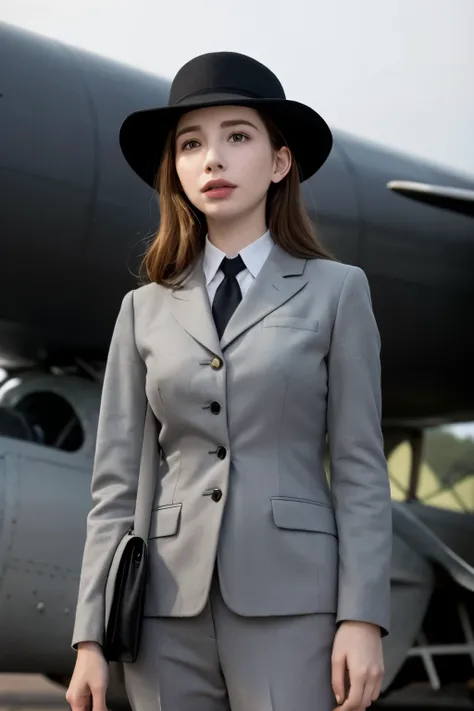 movie「Casablanca」Emma Roberts who plays the role of Ingrid Bergman in. She wears a classic grey hat with a black band. Grey suit. abroad. At night. fog. Blurry Background, Emma Roberts playing Ingrid Bergman in Lockheed Model 12 Electra Junior Airplane. 19...