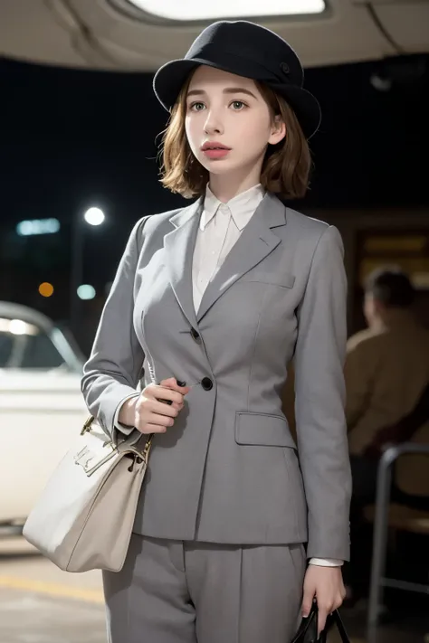 movie「Casablanca」Emma Roberts who plays the role of Ingrid Bergman in. She wears a classic grey hat with a black band. Grey suit. abroad. At night. fog. Blurry Background, Emma Roberts playing Ingrid Bergman in Lockheed Model 12 Electra Junior Airplane. 19...