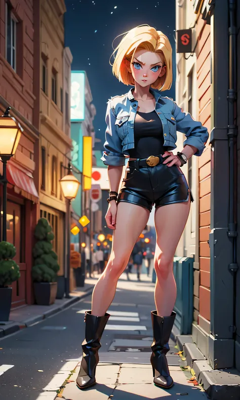 masterpiece, great detail, a girl, android 18, DBZ, thin and tall, skinny, blond, short hair, blue eyes, arched eyebrows, black striped top, neckline, blue sleeveless jacket, black shorts, blush, breasts, abdomen, sexy pose, head on, thin arms, hands on wa...