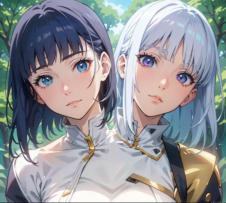 (2heads:1.2), anime characters with blue hair and white hair are standing in front of a forest, anime art style, clean detailed anime art, semirealistic anime style, ufotable art style, realistic anime art style, in anime style, anime style like fate/stay ...