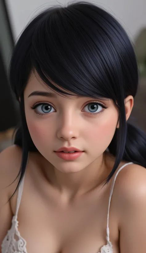 1girl, Solo, High Resolution, Masterpiece, Accurate, Anatomically Correct, Best Quality, High Details, High Quality, black hair, blue eyes, tween, extremely detailed, realistic, Marinette,
