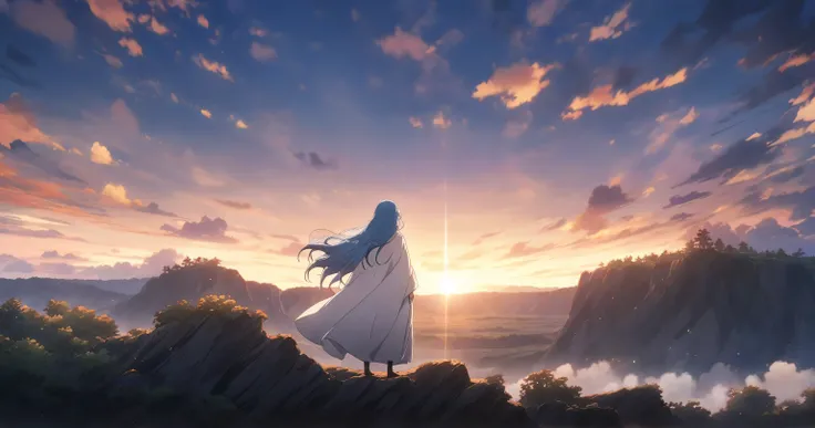 Sunset　cliff　blue hair long　woman　A tattered and dirty white cloak　nature　 Fantastic　Anime anime keyvisual, Alone, full body shot, wide shot, from side, blue hair, from behind,