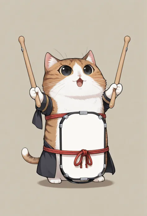 (masterpiece, best quality:1.2), animal focus, no humans, chibi-style cat, 2-head proportions, samurai drummer outfit with exaggerated details like oversized tassels and ropes, holding drumsticks and enthusiastically playing a small taiko drum in front of ...