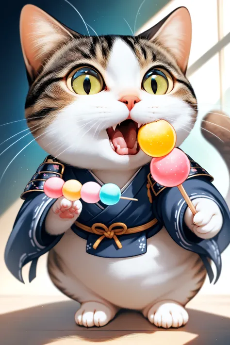 (masterpiece, best quality:1.2), animal focus, no humans, chibi-style cat, 2-head proportions, samurai armor with soft fabric details, holding a skewer of colorful dango (Japanese sweets) in one paw while the other paw waves at the viewer, open mouth as if...
