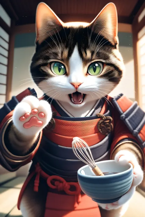 (masterpiece, best quality:1.2), animal focus, no humans, cat dressed as a samurai performing a tea ceremony with a small tea bowl and whisk in its paws, open mouth as if explaining something to the viewer, gentle green eyes and calm expression, detailed t...