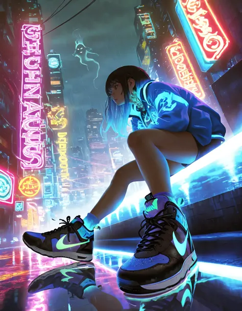 1girl, stylish sneakers, stylish streetwear, dynamic view, dynamic angle, sitting, photorealistic, intricate details, cinematic lighting, dramatic atmosphere, urban environment, rainy city street, neon signs, puddles, reflections, moody colors, cyberpunk a...