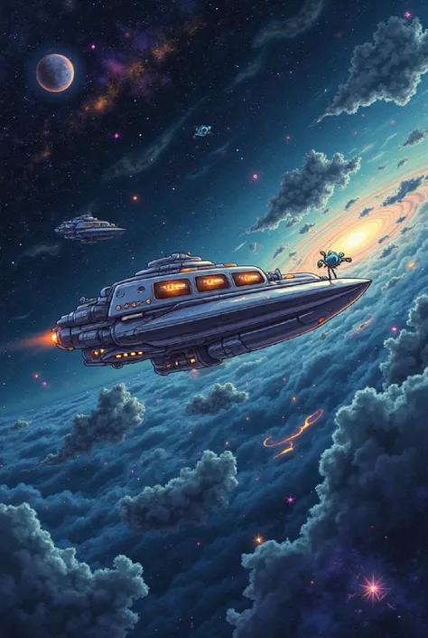 Ship sailing in the galaxy cartoon 