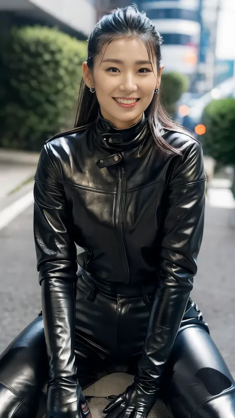 ( Shiny black leather rider's jacket:1.4), Dark room office, Black leather gloves on the fingertips of both hands,Wearing black leather gloves,Sitting in a black leather chair、 Japanese new female ( black leather gloves covering both hands :1.4) (Long boot...