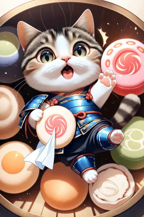 (masterpiece, best quality:1.2), Animal Focus ,  there are no humans, chibi-style cats, , proportions of 2 heads, samurai armor with soft cloth details, Holding a colorful dumpling skewer、 (Japanese sweets) Holding it with one leg、waving at the viewer on t...