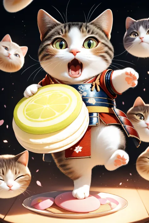(masterpiece, best quality:1.2), Animal Focus , there are no humans, chibi-style cats, , proportions of 2 heads, samurai armor with soft cloth details, Holding a colorful dumpling skewer、 (Japanese sweets) Holding it with one leg、waving at the viewer on t...