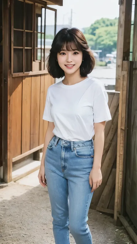 Japanese idol from 1980s, beautiful young female (18-24), standing, (full body shot:1.2), natural glossy makeup, (tucked-out white T-shirt), Blue denim hot pants, white sneakers, looking at viewer, feeling love, shy smile, front view, soft focus lighting, ...