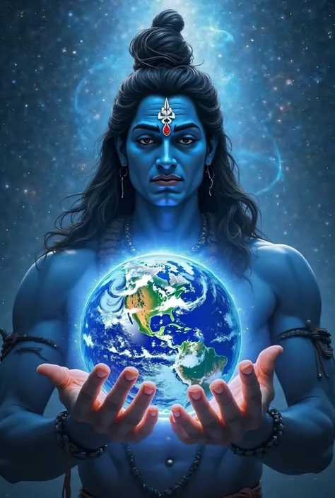 "A grand and powerful depiction of Lord Shiva holding the Earth gently in his hands, his energy protecting the world. His eyes radiate wisdom, and his third eye glows with cosmic power. The blue aura around him merges with the universe, and stars twinkle i...