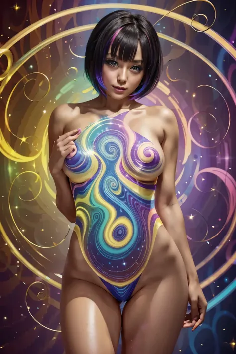 hypnotism師, Japanese,  black hair,short hair, Wolf cut outside, droopy eyes, villain makeup,  small tits,  the body and face are facing the viewer , stares at viewers, hypnotism,  standing completely naked, Skin that shines in seven colors,  Seven color sw...