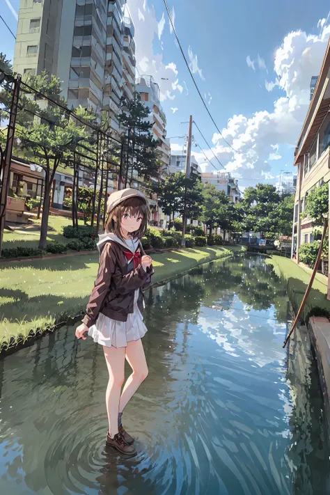 (best quality),(Ultra High Definition),(masterpiece),Clouds in the Air,outdoor, clear sky,Boat on Water,Blurry Background,1 girl crouching,Clouds Drifting Sky,Sunset view,  horizon , bokeh effects ,rock,tree々,standing still