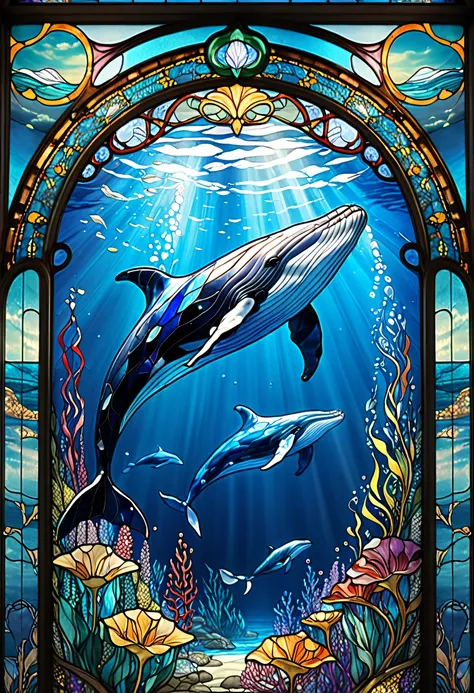 Jump to the surface of the sea1Closeup of a whale、Stained Glassアート、Stained Glassスタイル、sparkling stained glass background、Whale-themed、colorful stained glass、gothic stained glass style、backlit stained glass、complex stained glass、Stained Glass、psychedelic wha...