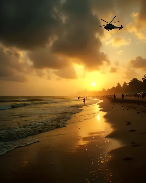 A stunning sunset over Juhu Beach, where golden hues reflect on the wet sand. The Arabian Sea stretches into the horizon as gentle waves roll onto the shore. In the sky, a large helicopter soars above the beach, adding a dramatic touch to the scene. The be...