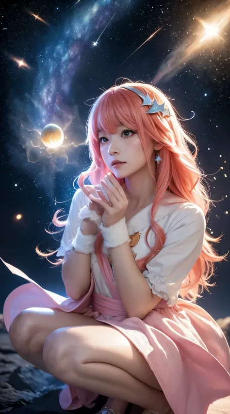 1 girl crouching、A peach-haired star magician named Maria Chiquinha、(Expansion:1.3)、( Comet :1.5)、looking up at the night sky with deep concentration、 long flowing robe 、Exquisitely designed star crest、Wand in Hand 、Magical aura of starlight surrounding he...