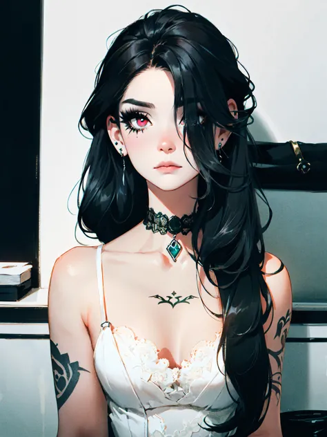 emo_hairstyle,, black tie, ((long hair)), ((straight hair)), (((black hair))), white skin, pale, white, , tired expression, choker, ((dark makeup, mascara, eyeshadow, tattoos)), multiple piercings, best quality, 8k,, erotic, slytherin, (fishnet outfit, lac...