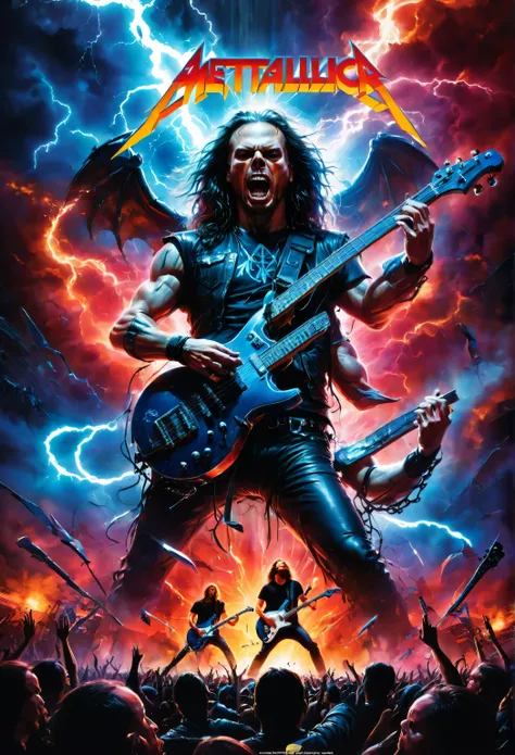 A high-energy, cinematic poster of Metallica performing live on stage. The band members are in dynamic poses, with James Hetfield singing into the mic, Kirk Hammett shredding a solo, Lars Ulrich drumming furiously, and Robert Trujillo rocking the bass. The...