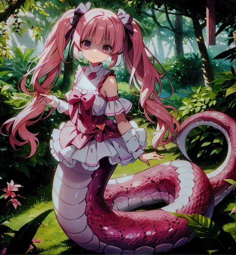  lamia,twintails,pink,forest,smile,open your mouth,shaded face