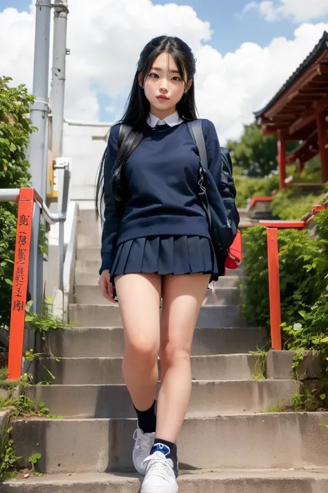 Shrine torii gate background ,masterpiece,8k,(((angle see from the ground))),angle from below of female middle school student standing with legs open,age 15,front shot,Watch here,((Wear a shirt under a navy blue student sweater,Beautiful legs with long thi...