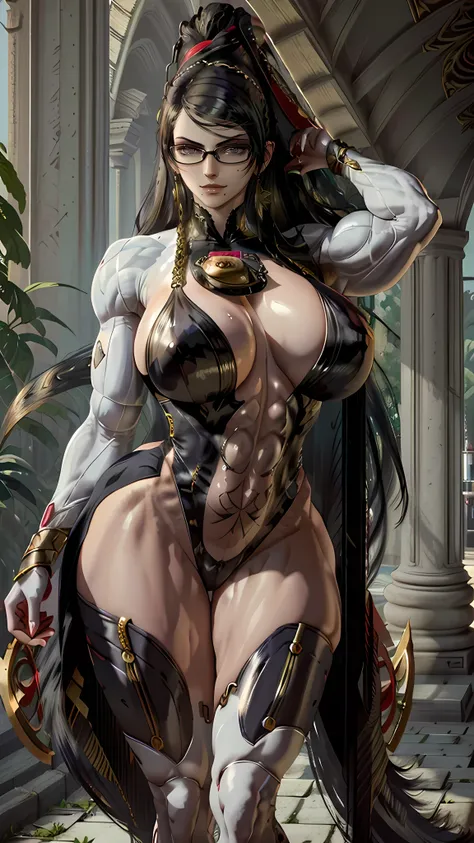 (masterpiece, best quality)
night, moon, Bayonetta, 1girl, solo, (ARMS ABOVE HEAD), (SMALL HEAD:1.3), long hair, (MASSIVE FEMALE BODYBUILDER:1.3), (HUGE BREASTS:1.5), gloves, ribbon, jewelry, very long hair, earrings, black hair, elbow gloves, high heels, ...