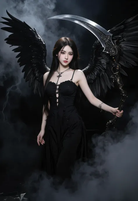 "A hauntingly beautiful Angel of Death stands in a dark, ethereal void, her presence both mesmerizing and terrifying. She wears a flowing black gown that moves like liquid shadow, its edges dissolving into mist. Her pale skin contrasts sharply with the dar...