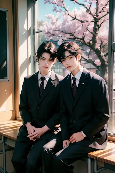Two Japanese men handsome smile In the classroom window 二人共にBlack school run school uniform Black school run Outside the window is early spring there is only one cherry tree boys love cartoon The two sit side by side Future Classroom