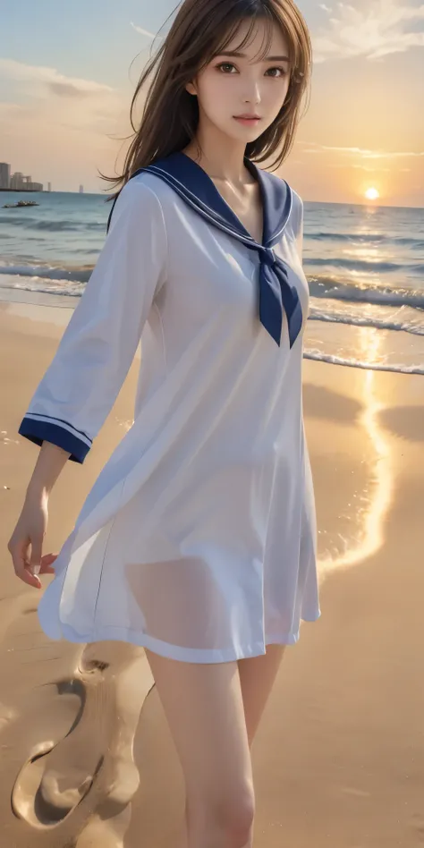 Golden sand beach at sunset 、sailor suit