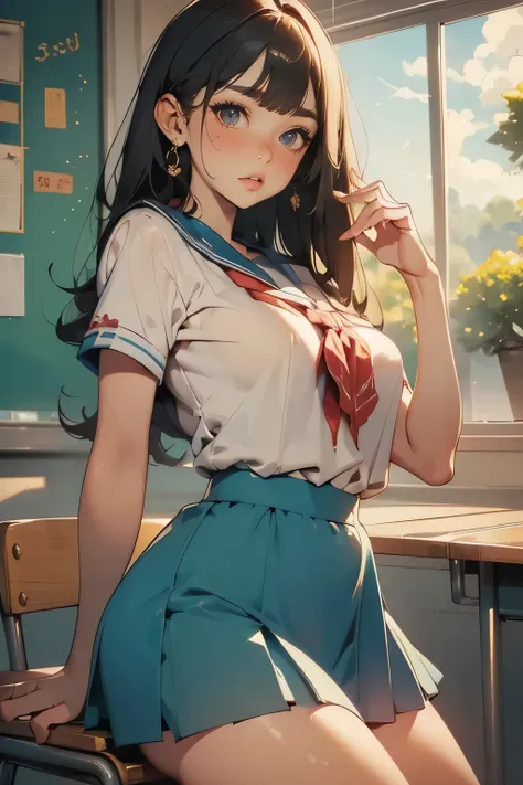 A female student wearing a sailor uniform,classroom table ,detailed illustration, beautifully detailed eyes, beautifully detailed lips, very elaborate eyes and face, long eyelashes, School setting , complicated details, bright colors, soft writing, High Re...