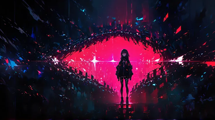 An anime-style girl with long black hair, reflecting intense neon red lights. , whole body angle
Glowing red eyes, possibly cybernetic, with glitch effects or signal distortion, as if malfunctioning.
Face partially fragmented into pixels, breaking into dig...