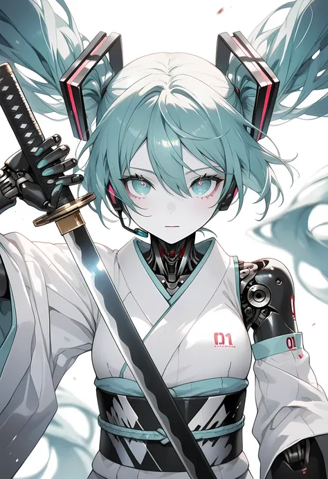 detailedanimegirl,masterpiece, best quality,high quality, newest, highres,8K,HDR,absurdres,dynamic pose,dynamic action, hatsune miku,1girl, solo, long hair, looking at viewer,ultra_detailed_eyes,white kimono,holding katana, very long hair, upper body,scien...