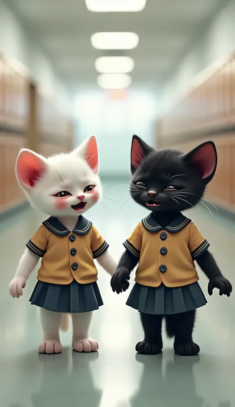 In a bright and modern school corridor, with clean, shiny floors and neatly arranged lockers along the walls, two small kittens stand together in the center of the scene. A white kitten and a black kitten, both wearing the same school uniform—neatly button...